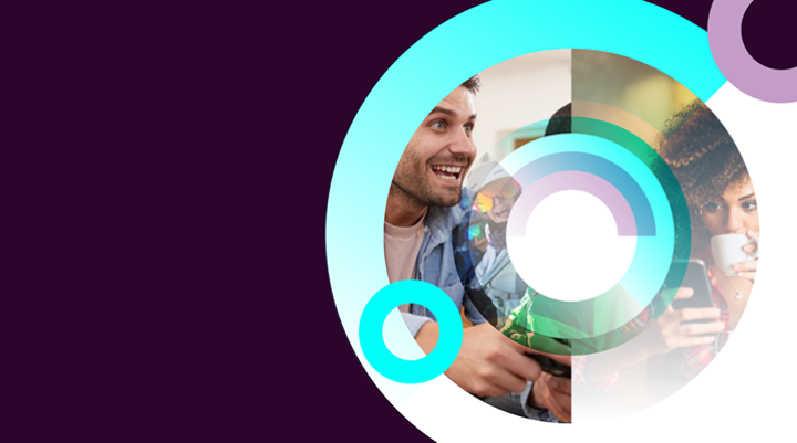 The image is of a purple background with three flat, hollow circles on the right hand side. One is lighter purple, one is bright blue, and the largest of the three has an image of a man smiling within it.