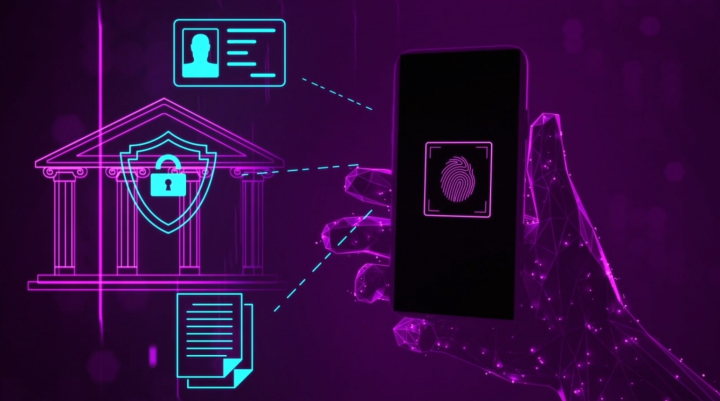 The image shows a mobile phone held in the hand of a user. On the screen is a fingerprint, and images of identification, security, and law are display around it. The colour scheme is purple and light blue and the theme is of a futuristic style.