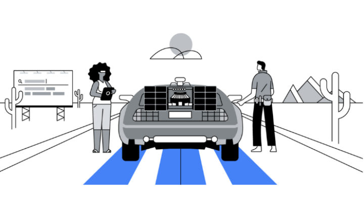 Cartoon graphic of two passengers with a Delorean