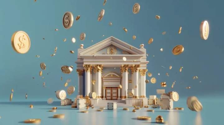 a gold bank with gold coins dropping from the sky 